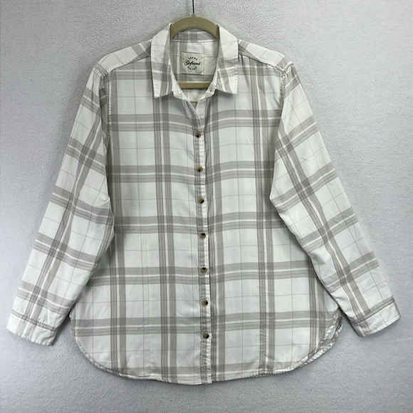 JACHS Girlfriend Tops - Jachs Girlfriend Women's L White & Taupe Plaid Soft Flannel Shirt Side Pockets